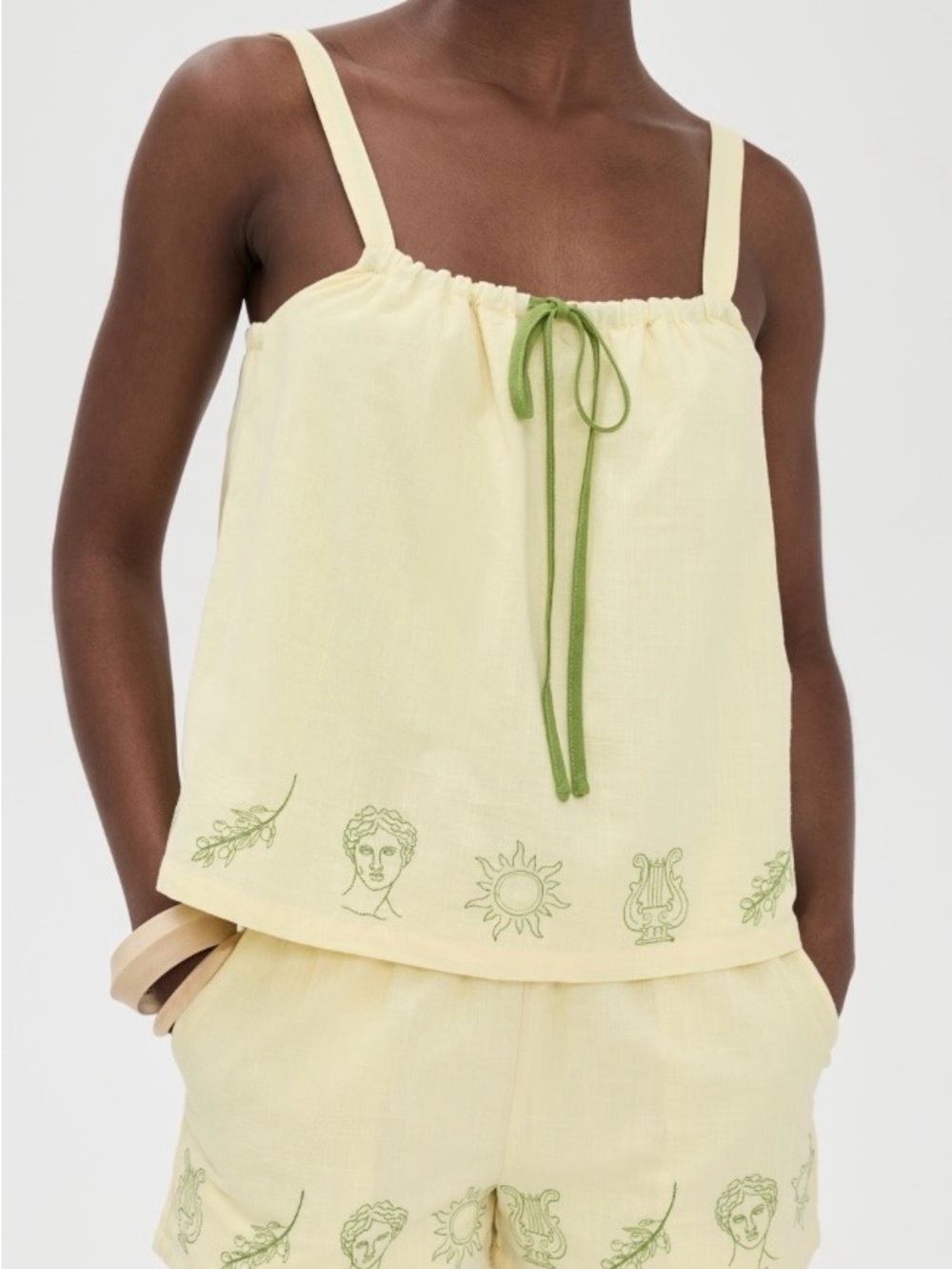 Bailey Rose Light Yellow Grecian Graphic Cami Set with Olive Drawstring